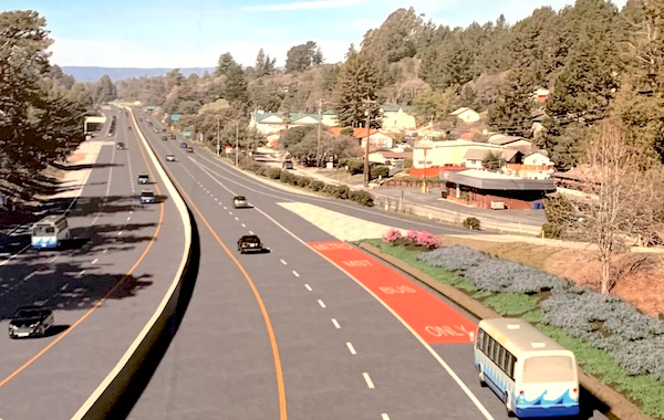 rendering of bus on shoulder project on HWY1 at Freedom Blvd